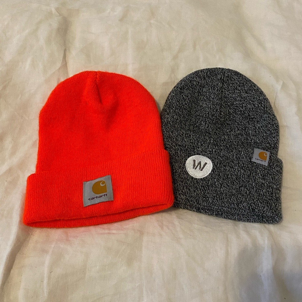 TWO Carhartt Beanies Fluorescent Orange & Black White Speckle
